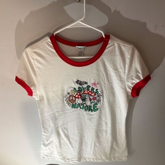 Vintage “Lovers of Nature” Baby Tee, M. Embroidered flowers, smiley faces and mu - Picture 6 of 6